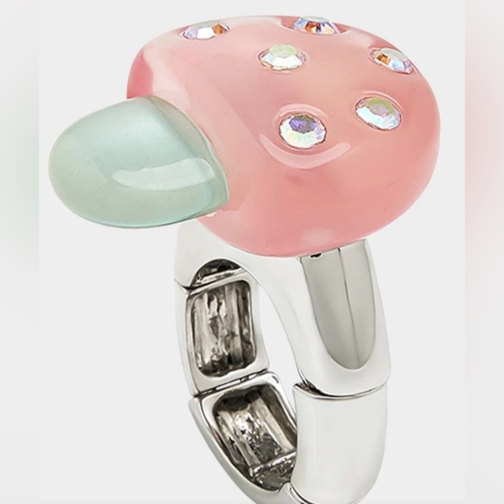 BETSEY JOHNSON Crystal-Studded Boho Acrylic Magic Mushroom Stretch Ring NEW NWT - Picture 8 of 8